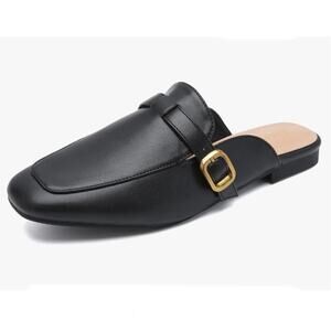 Suede Mules Flats‎ Square Toe Slip On Loafer Slides Shoes w/ Buckle, Black, 8